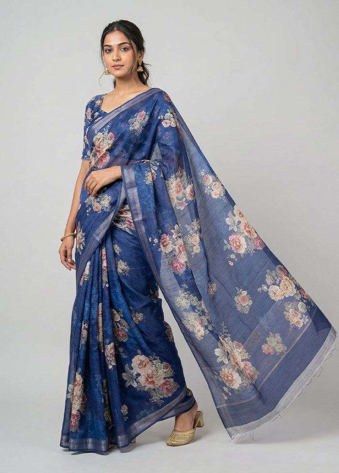 Blue Tussar Silk Saree With Blouse Piece