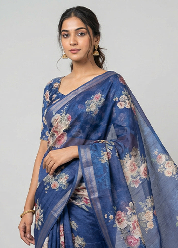 Blue Tussar Silk Saree With Blouse Piece