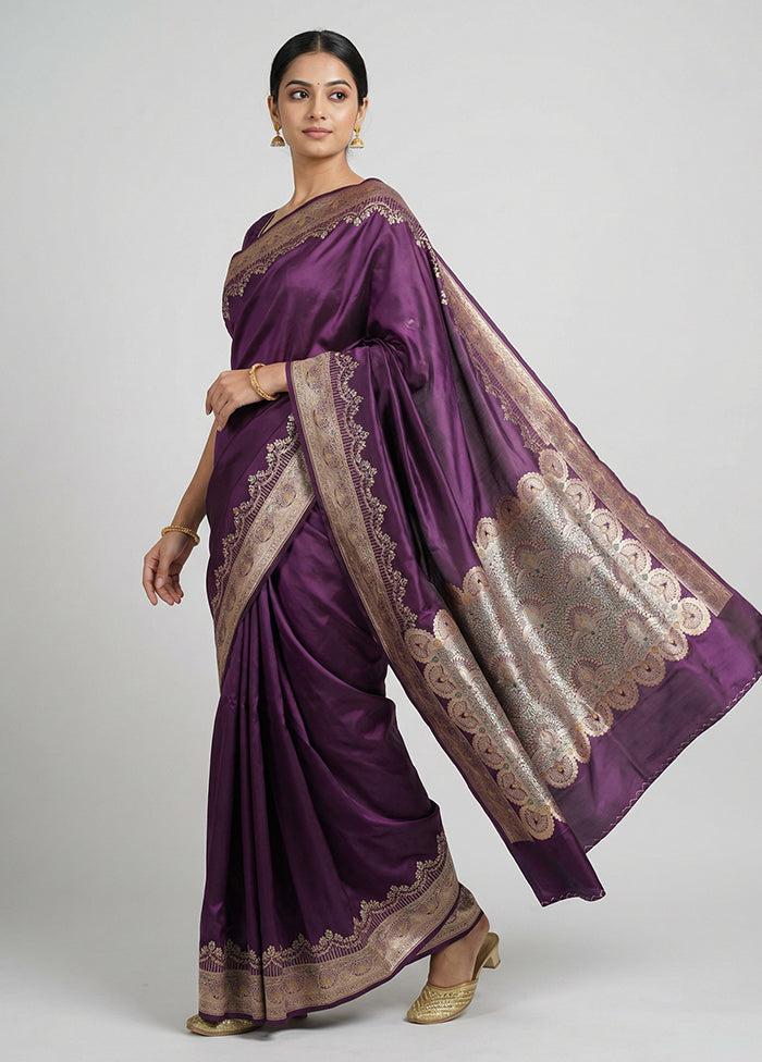 Purple Handloom Banarasi Pure Silk Saree With Blouse Piece