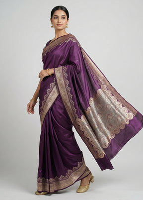 Purple Handloom Banarasi Pure Silk Saree With Blouse Piece