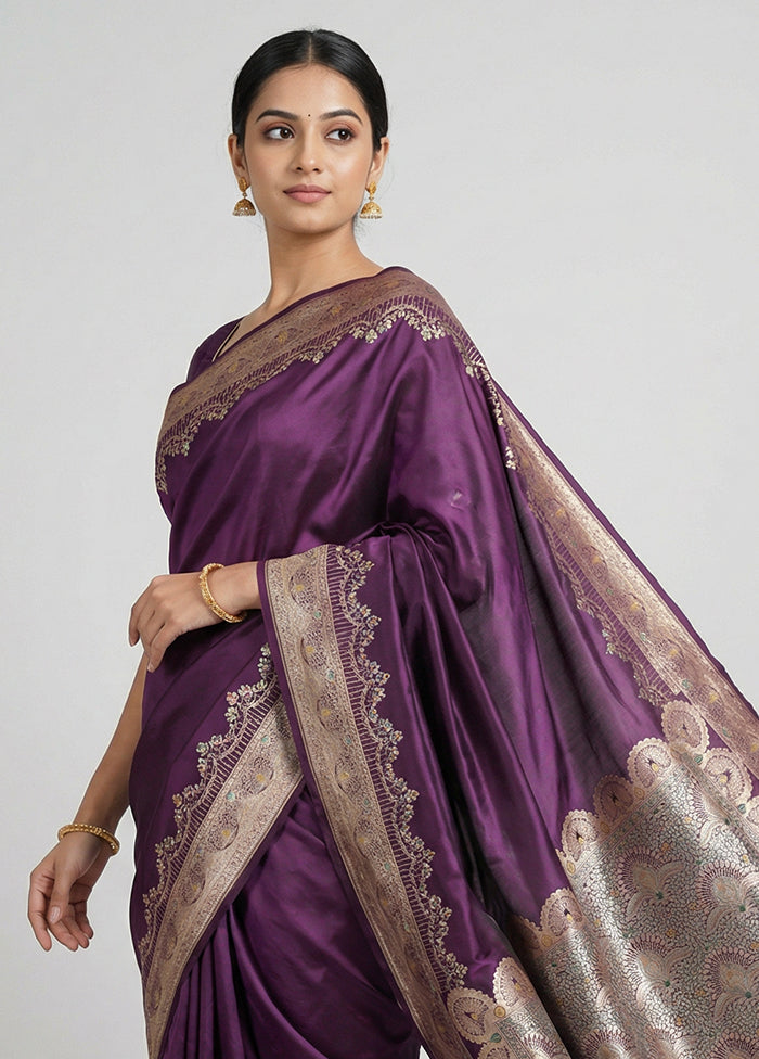 Purple Handloom Banarasi Pure Silk Saree With Blouse Piece