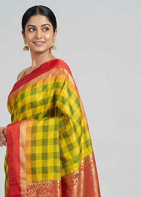 Yellow Handloom Kanjivaram Pure Silk Saree With Blouse Piece