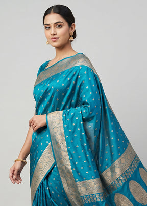 Blue Banarasi Silk Saree With Blouse Piece