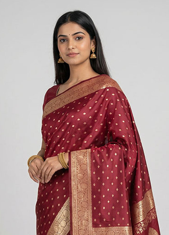 Maroon Banarasi Silk Saree With Blouse Piece