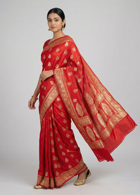 Red Banarasi Silk Saree With Blouse Piece