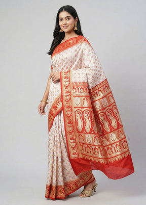 White Baluchari Silk Saree With Blouse Piece