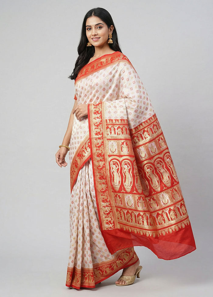 White Baluchari Silk Saree With Blouse Piece