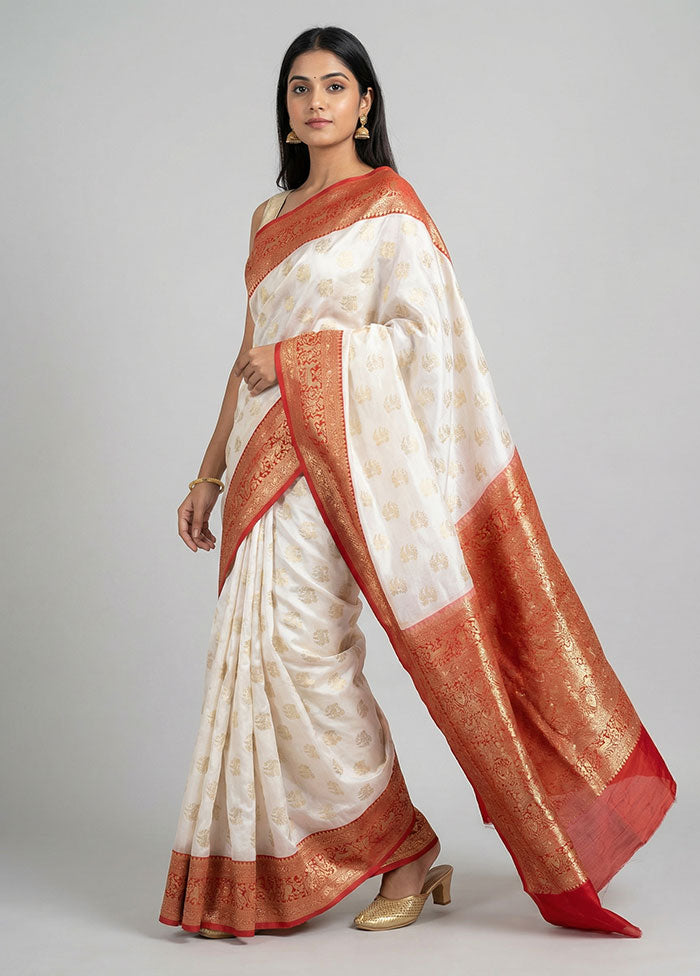 White Dupion Silk Saree With Blouse Piece