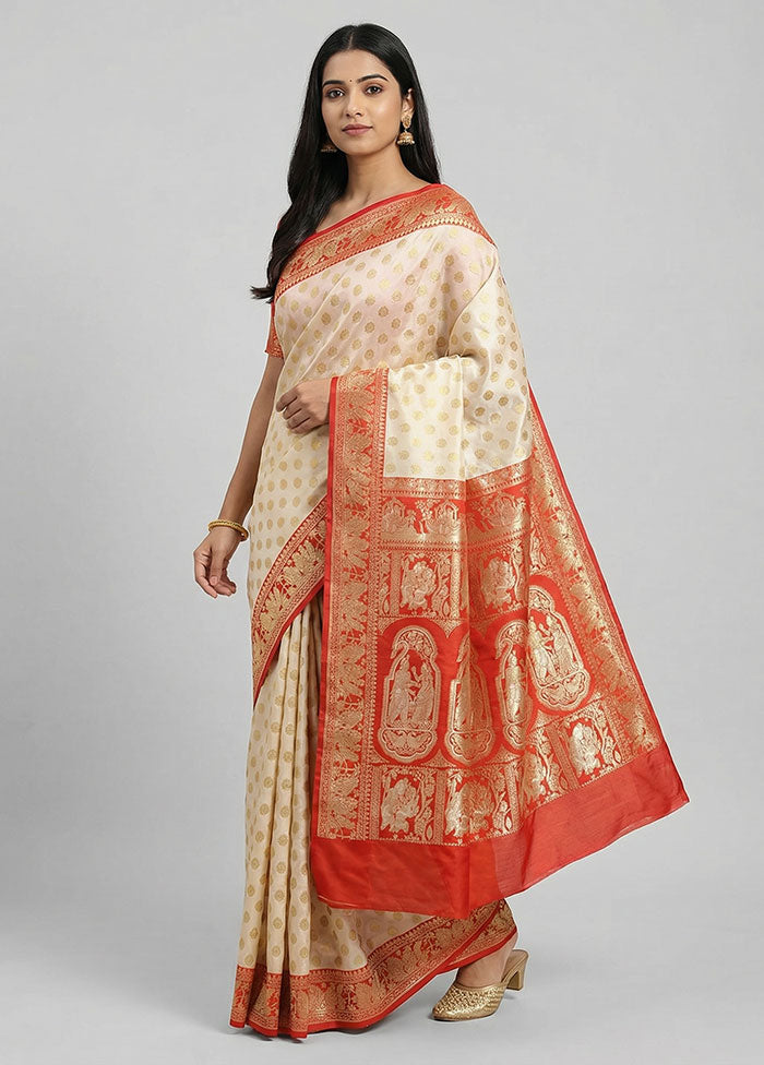 White Baluchari Silk Saree With Blouse Piece