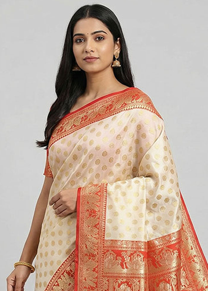White Baluchari Silk Saree With Blouse Piece