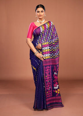 Blue Jamdani Cotton Saree Without Blouse Piece