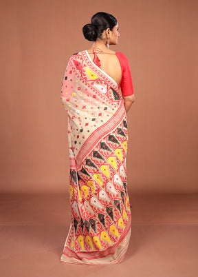 Cream Jamdani Cotton Saree Without Blouse Piece