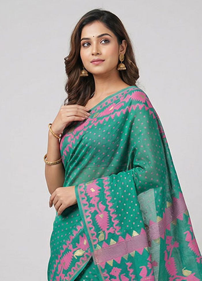 Green Jamdani Cotton Saree Without Blouse Piece