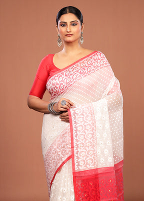 White Jamdani Cotton Saree Without Blouse Piece