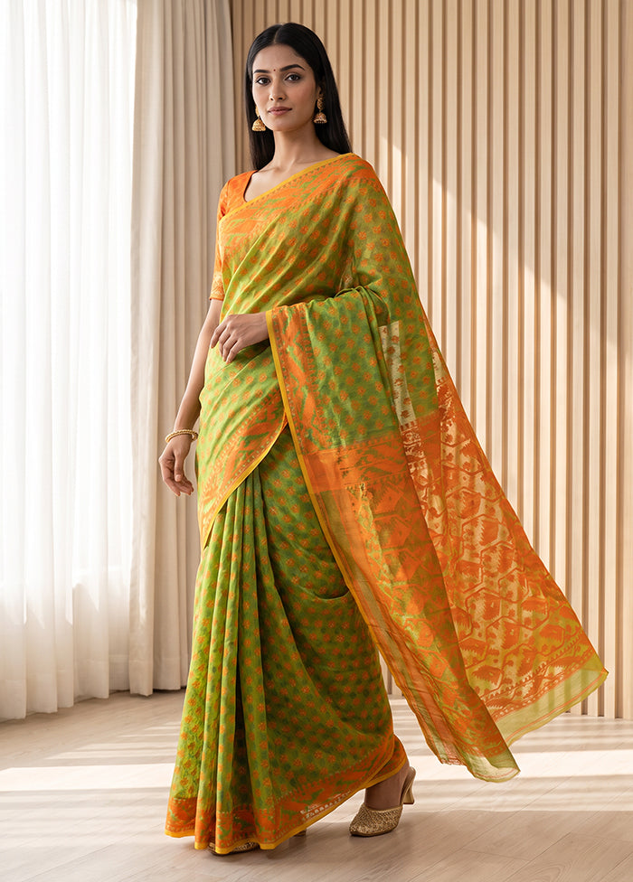 Green Jamdani Cotton Saree Without Blouse Piece