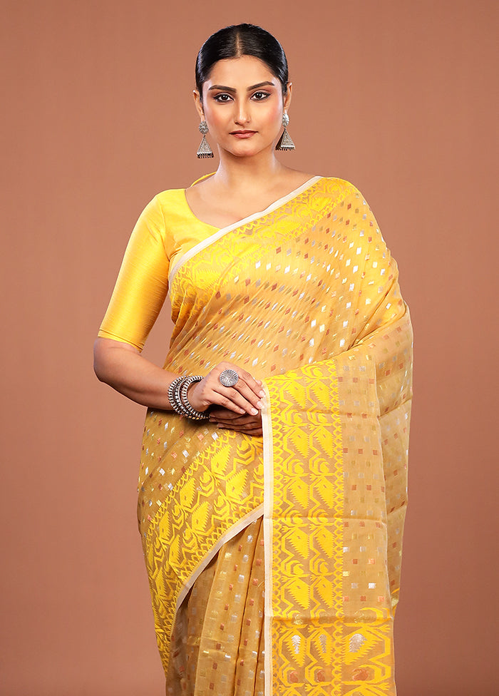 Yellow Jamdani Cotton Saree Without Blouse Piece