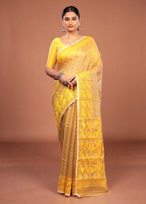 Yellow Jamdani Cotton Saree Without Blouse Piece