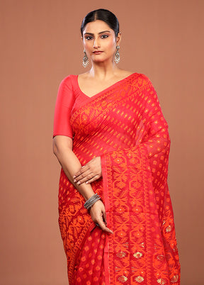 Red Jamdani Cotton Saree Without Blouse Piece
