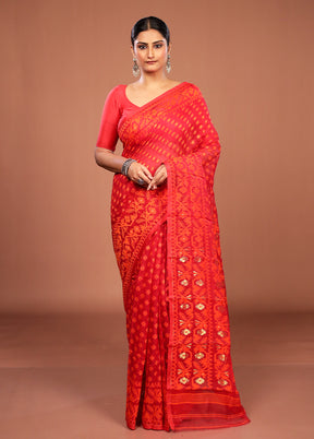 Red Jamdani Cotton Saree Without Blouse Piece