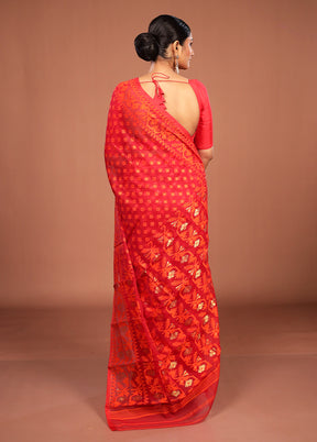 Red Jamdani Cotton Saree Without Blouse Piece