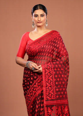Maroon Jamdani Cotton Saree Without Blouse Piece
