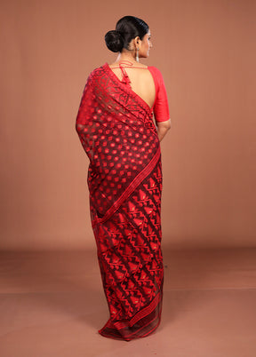 Maroon Jamdani Cotton Saree Without Blouse Piece