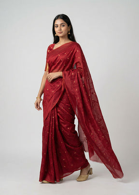 Maroon Jamdani Cotton Saree Without Blouse Piece