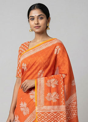 Rust Printed Pure Silk Saree Without Blouse Piece