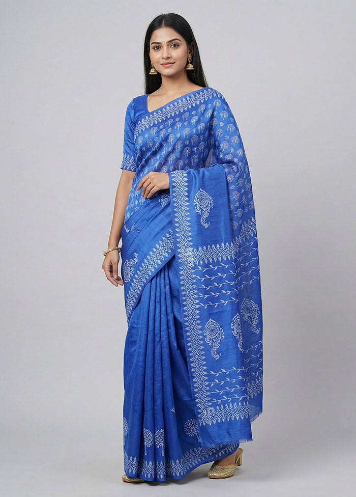 Blue Printed Pure Silk Saree Without Blouse Piece