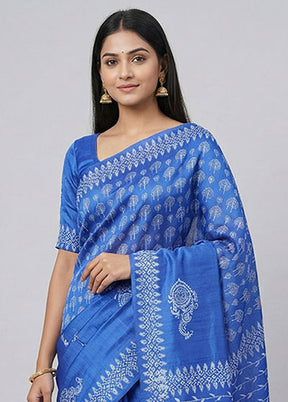 Blue Printed Pure Silk Saree Without Blouse Piece