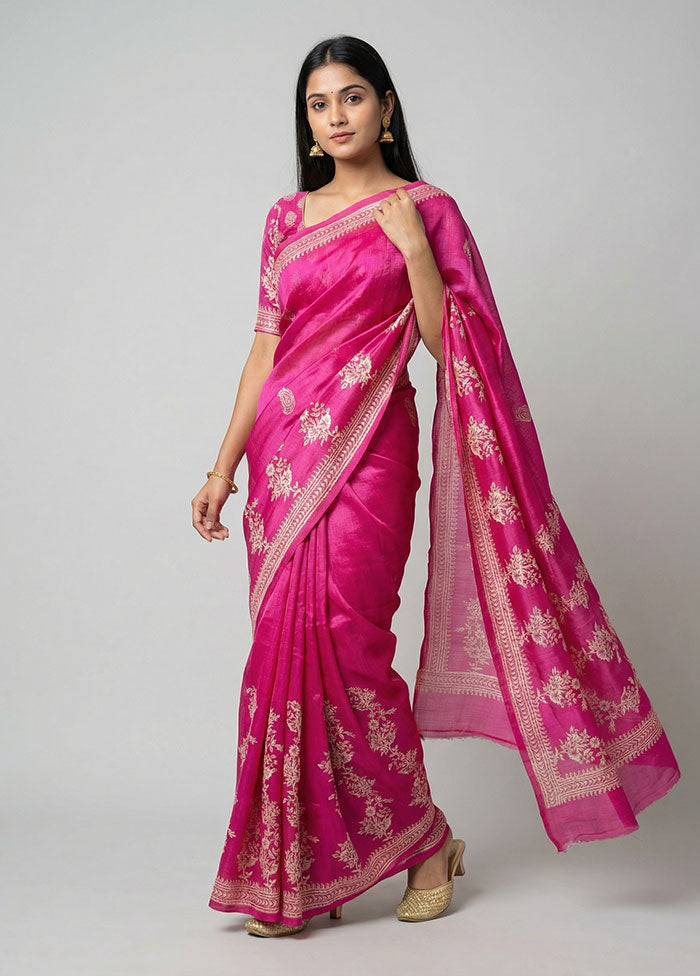 Pink Printed Pure Silk Saree Without Blouse Piece
