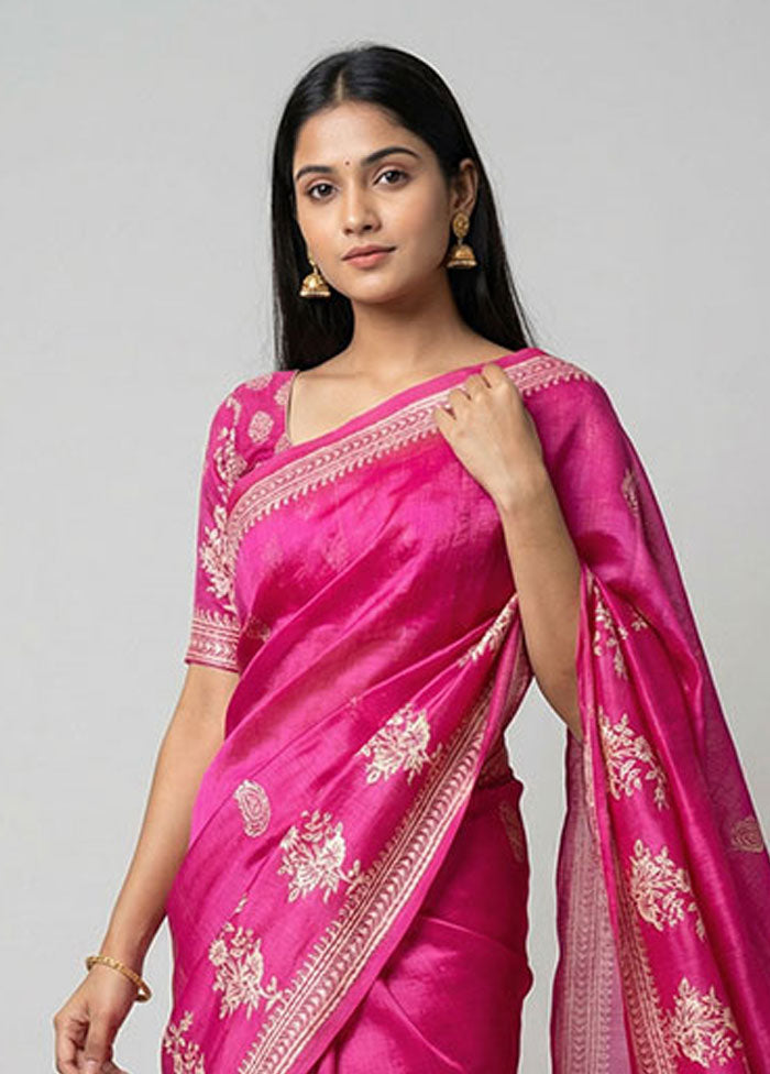 Pink Printed Pure Silk Saree Without Blouse Piece