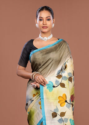 Cream Printed Silk Saree Without Blouse Piece