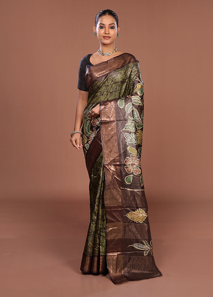 Green Handloom Tussar Pure Silk Saree With Blouse Piece