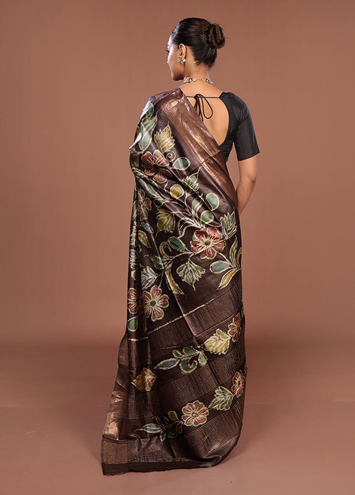 Green Handloom Tussar Pure Silk Saree With Blouse Piece