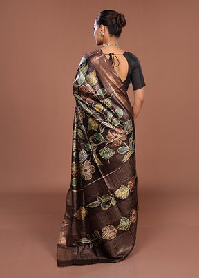 Green Handloom Tussar Pure Silk Saree With Blouse Piece