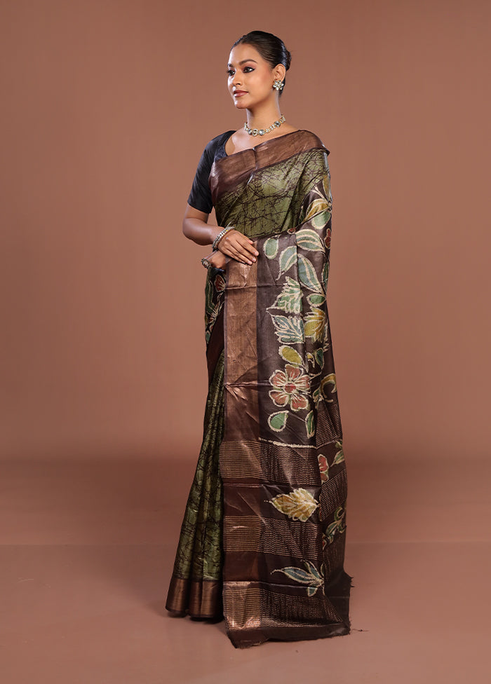 Green Handloom Tussar Pure Silk Saree With Blouse Piece