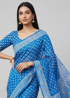 Blue Printed Silk Saree Without Blouse Piece