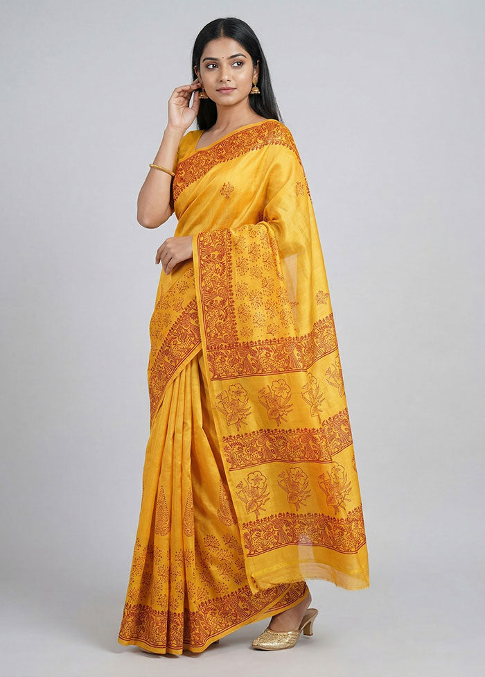 Yellow Printed Pure Silk Saree Without Blouse Piece