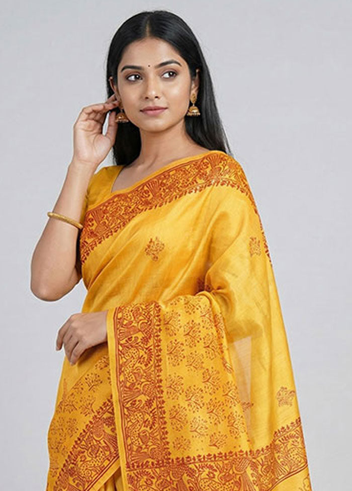 Yellow Printed Pure Silk Saree Without Blouse Piece