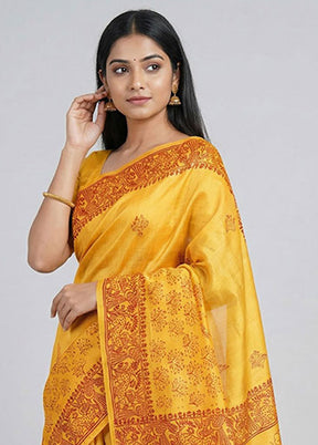 Yellow Printed Pure Silk Saree Without Blouse Piece