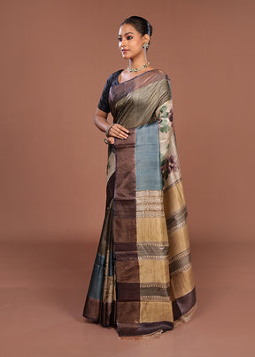 Green Handloom Tussar Pure Silk Saree With Blouse Piece
