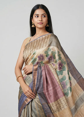Purple Handloom Tussar Pure Silk Saree With Blouse Piece