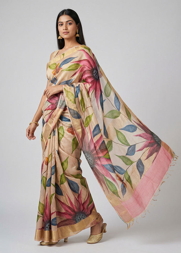Cream Handloom Tussar Pure Silk Saree With Blouse Piece