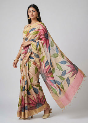 Cream Handloom Tussar Pure Silk Saree With Blouse Piece