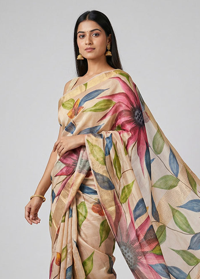 Cream Handloom Tussar Pure Silk Saree With Blouse Piece