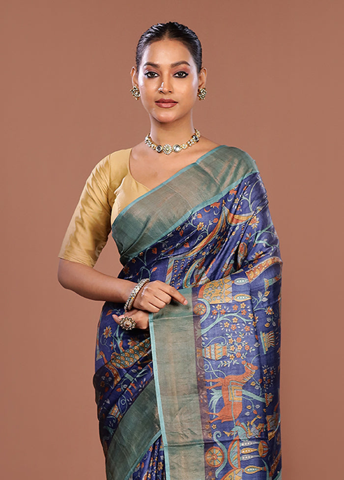 Blue Handloom Tussar Silk Saree With Blouse Piece