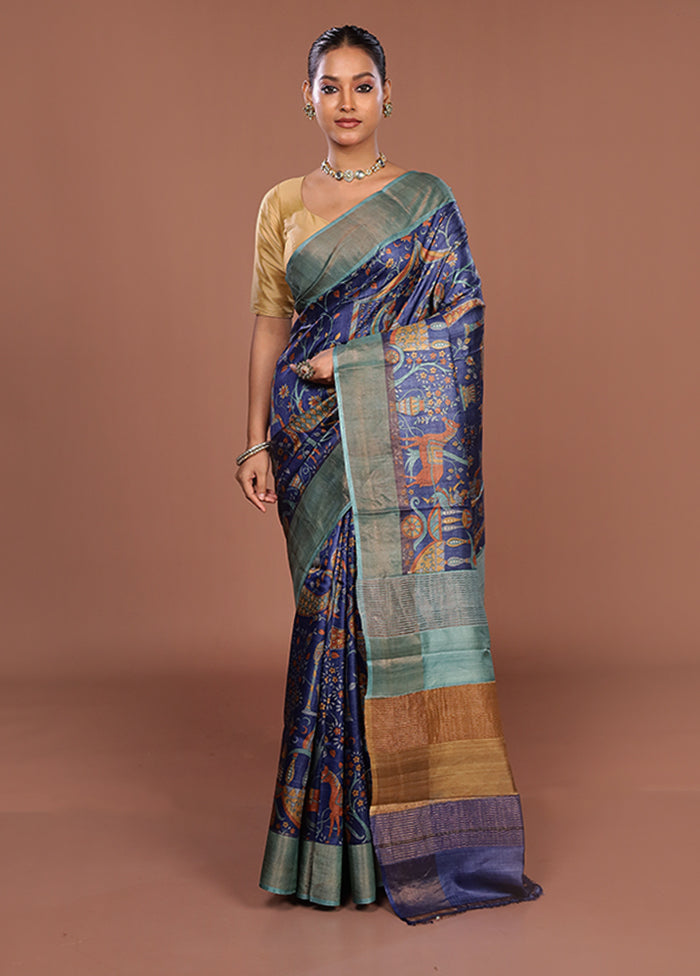 Blue Handloom Tussar Silk Saree With Blouse Piece
