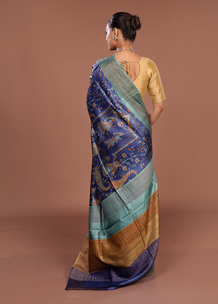 Blue Handloom Tussar Silk Saree With Blouse Piece