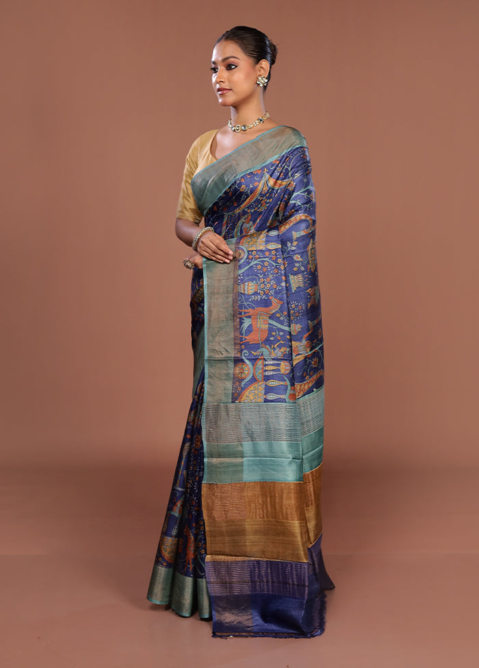 Blue Handloom Tussar Silk Saree With Blouse Piece